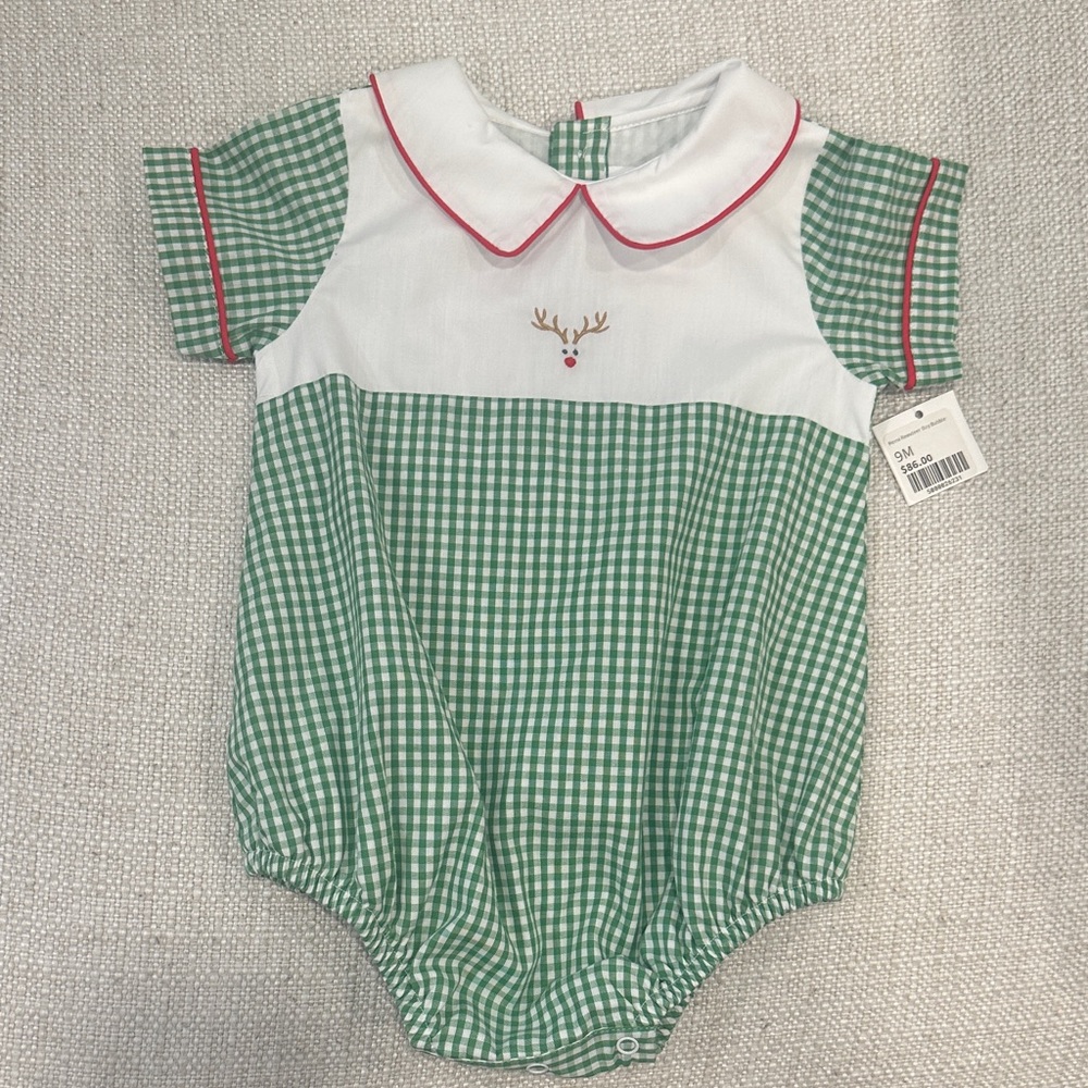 NWT The Proper Peony remi reindeer Green Gingham bubble Romper 9mo